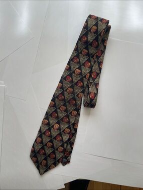 Black Silk Tie with Red Floral and Gold Fan Motif